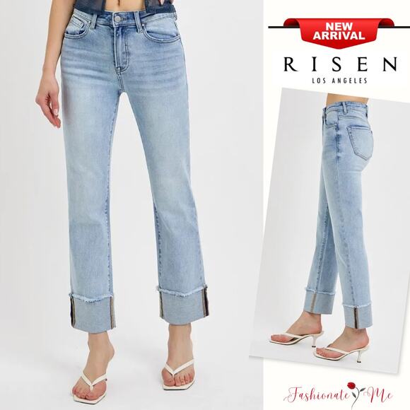 RISEN High Rise Waist Cuffed Hem Zip Fly Light Wash Relaxed Straight Denim Jeans - Picture 1 of 7